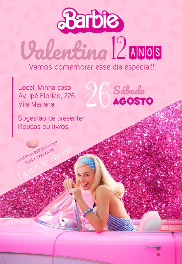 Convite Aniversário Barbie Filme para Editar e Imprimir