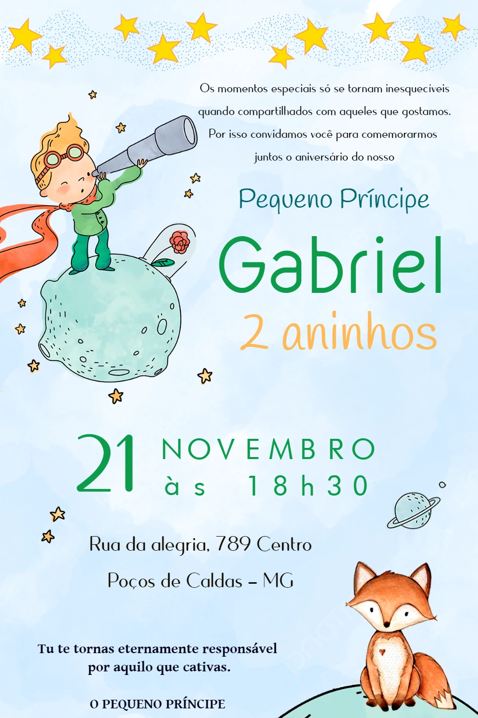 Convite de Aniversário O Pequeno Príncipe para Editar Online
