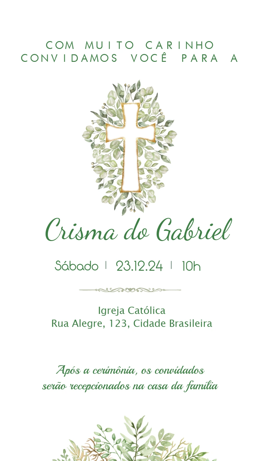 Convite de Crisma com Folhagens Delicadas para Editar Online
