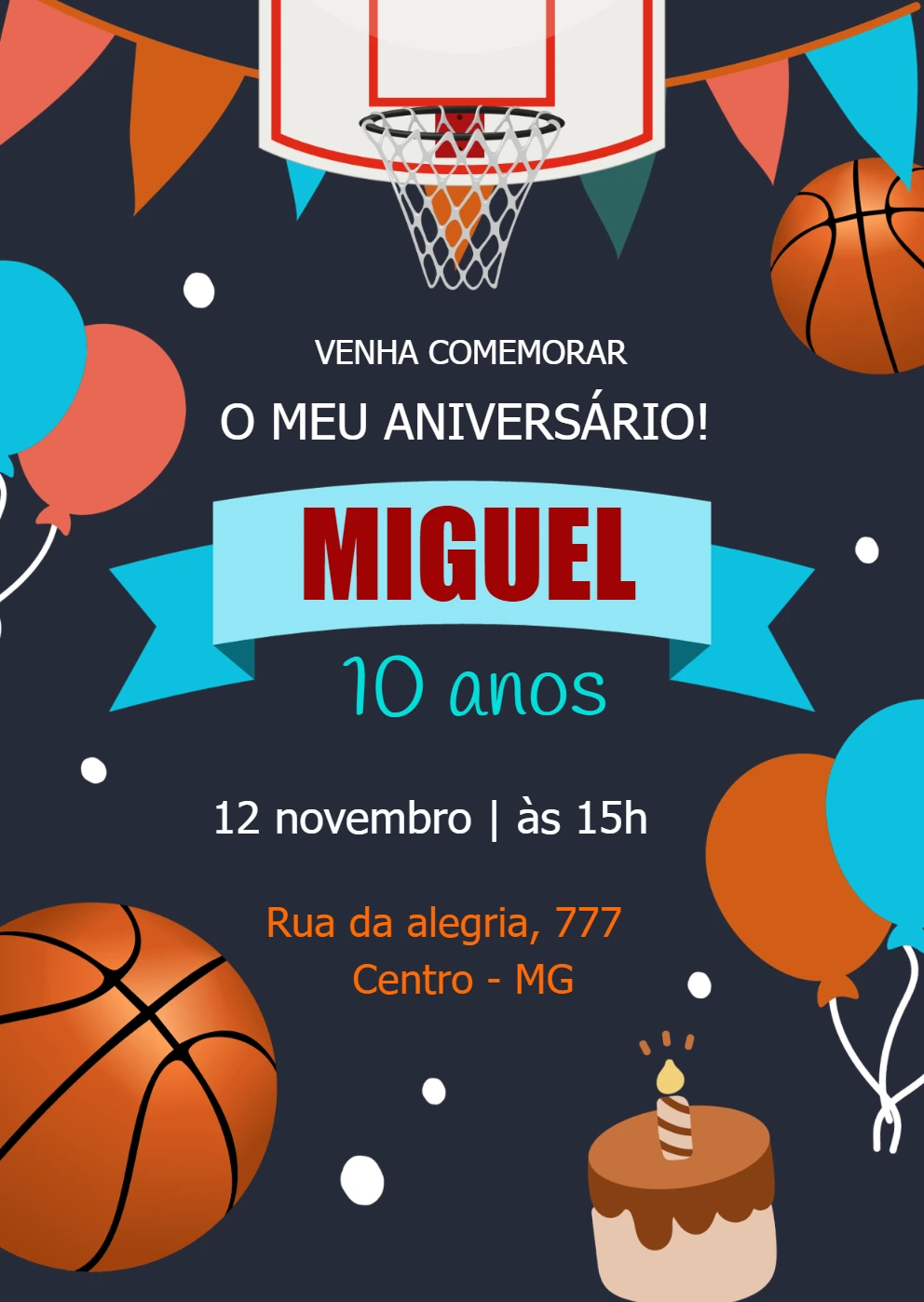 Convite de Aniversário Basquete para Editar e Imprimir Online