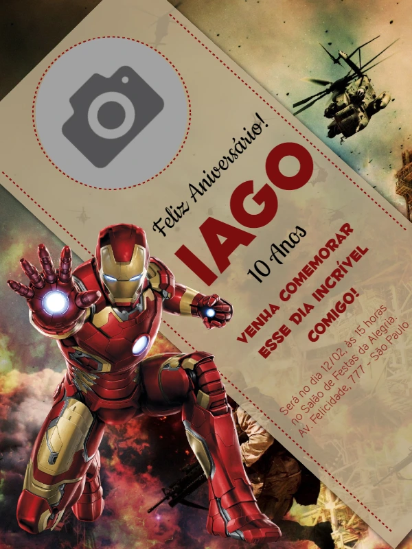 Convite Aniversário Homem de Ferro com Foto para Editar Online