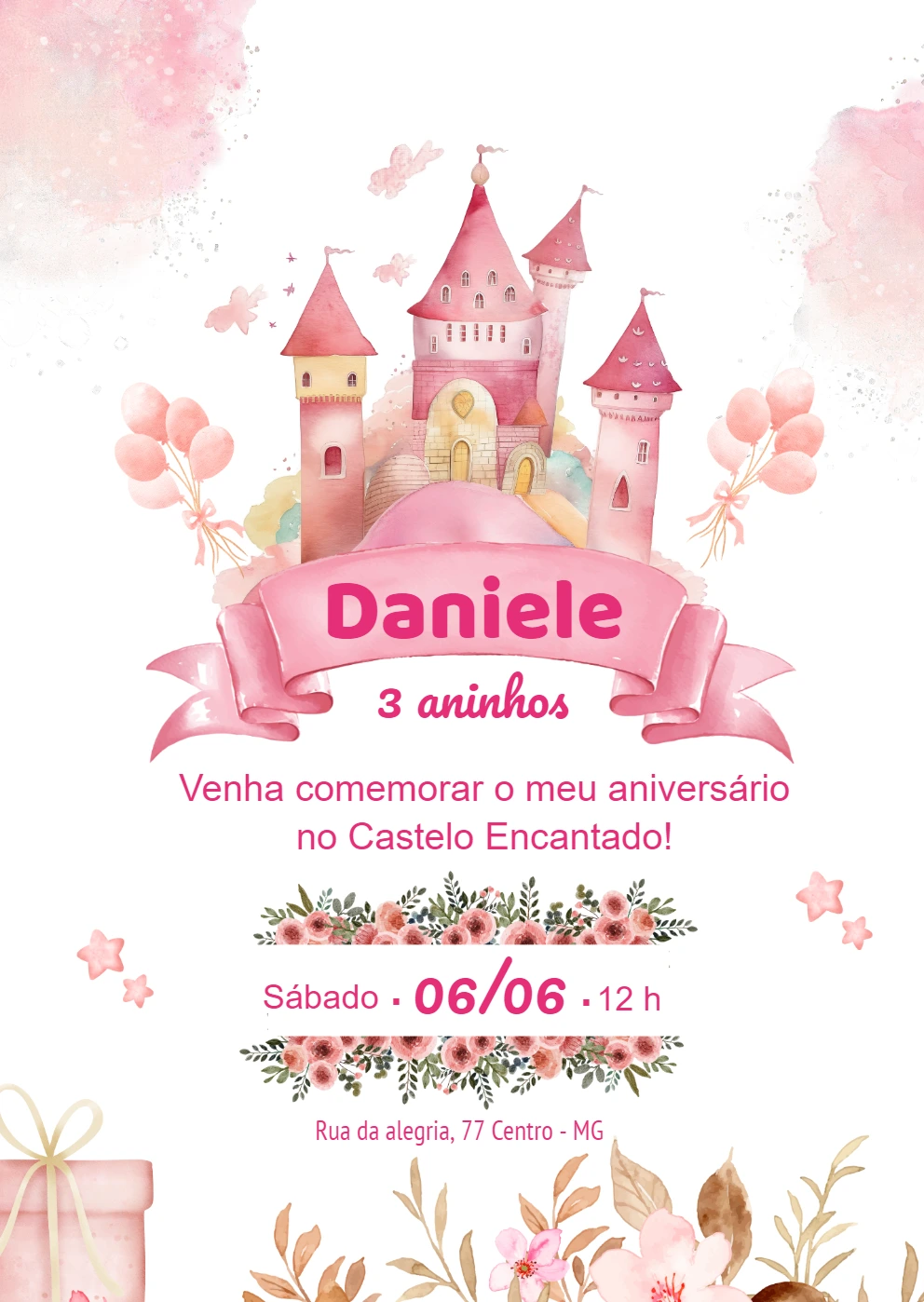 Convite Aniversário Castelo Encantado Floral para Editar