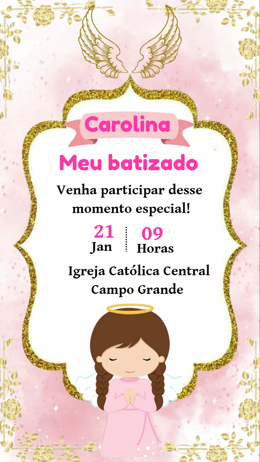 Convite de Batizado Anjinha Menina para Editar Online