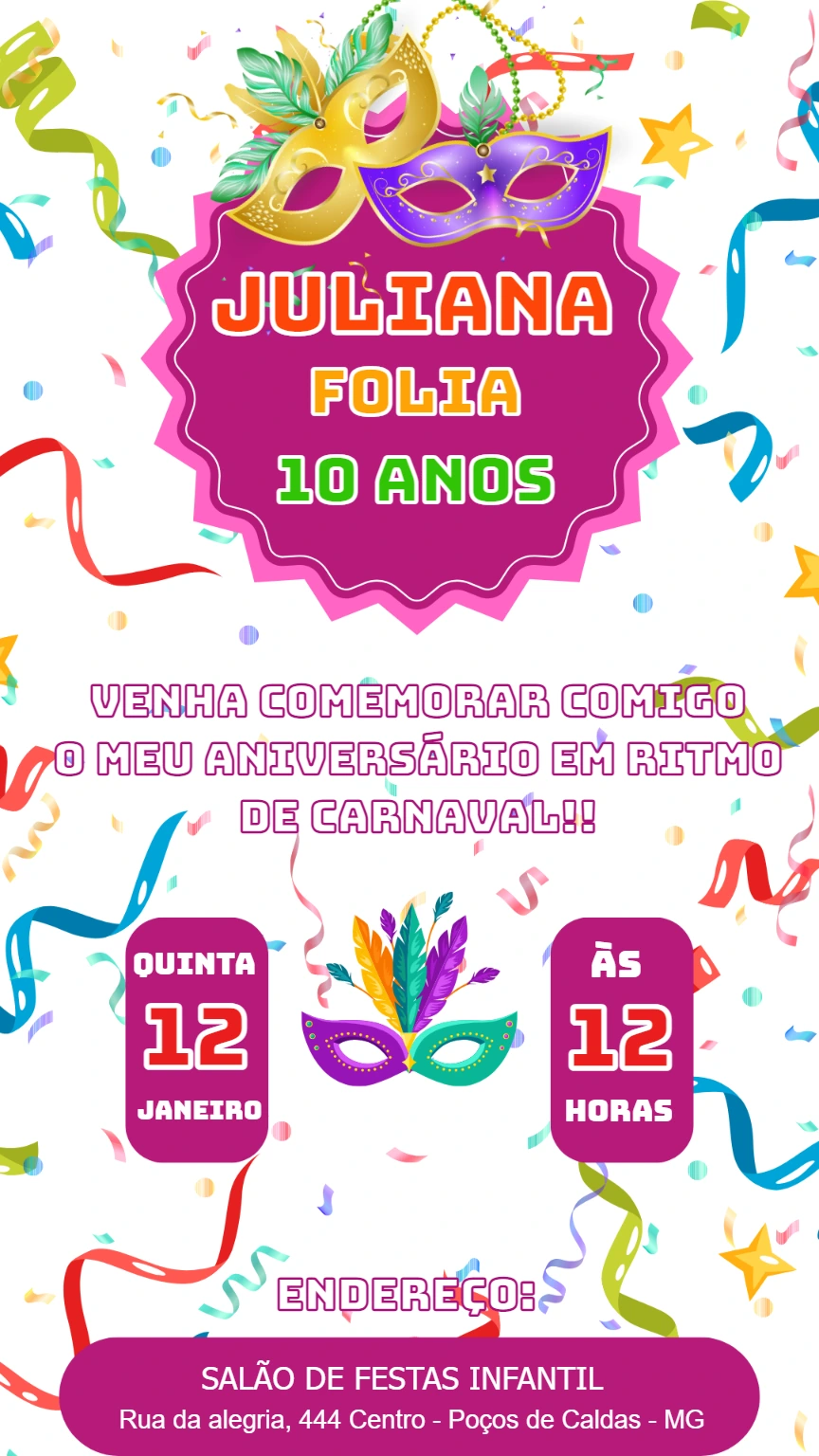 Convite de Aniversário Carnaval Colorido para Editar Online