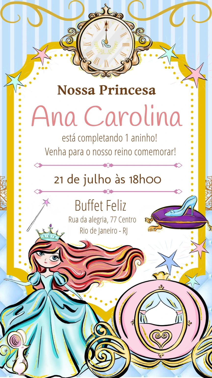 Convite de Aniversário Cinderela Conto de Fadas para Editar