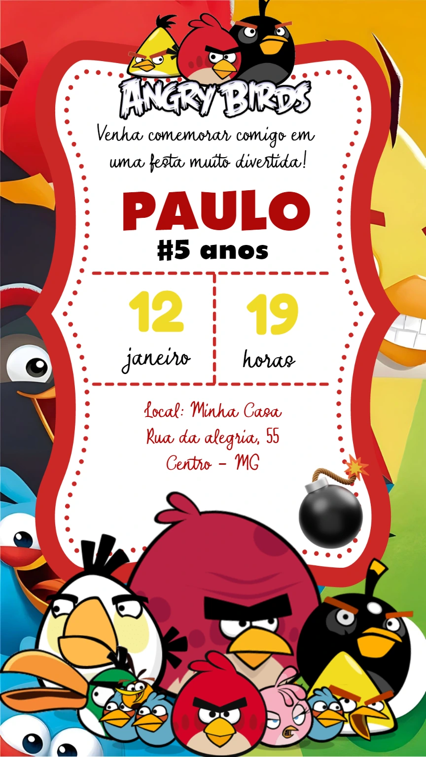 Convite de Aniversário Angry Birds Vermelho para Editar Online