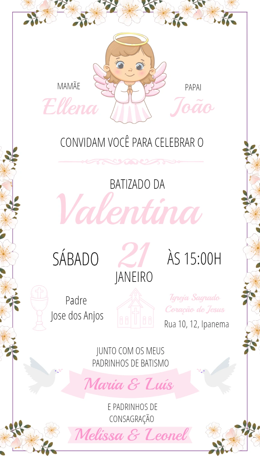 Convite de Batizado Anjinha Rosa com Flores para Editar Online