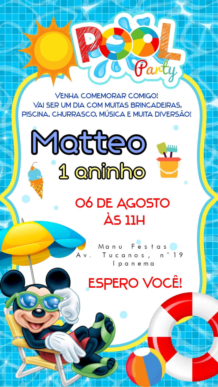 Convite Aniversário Pool Party do Mickey para Editar Online