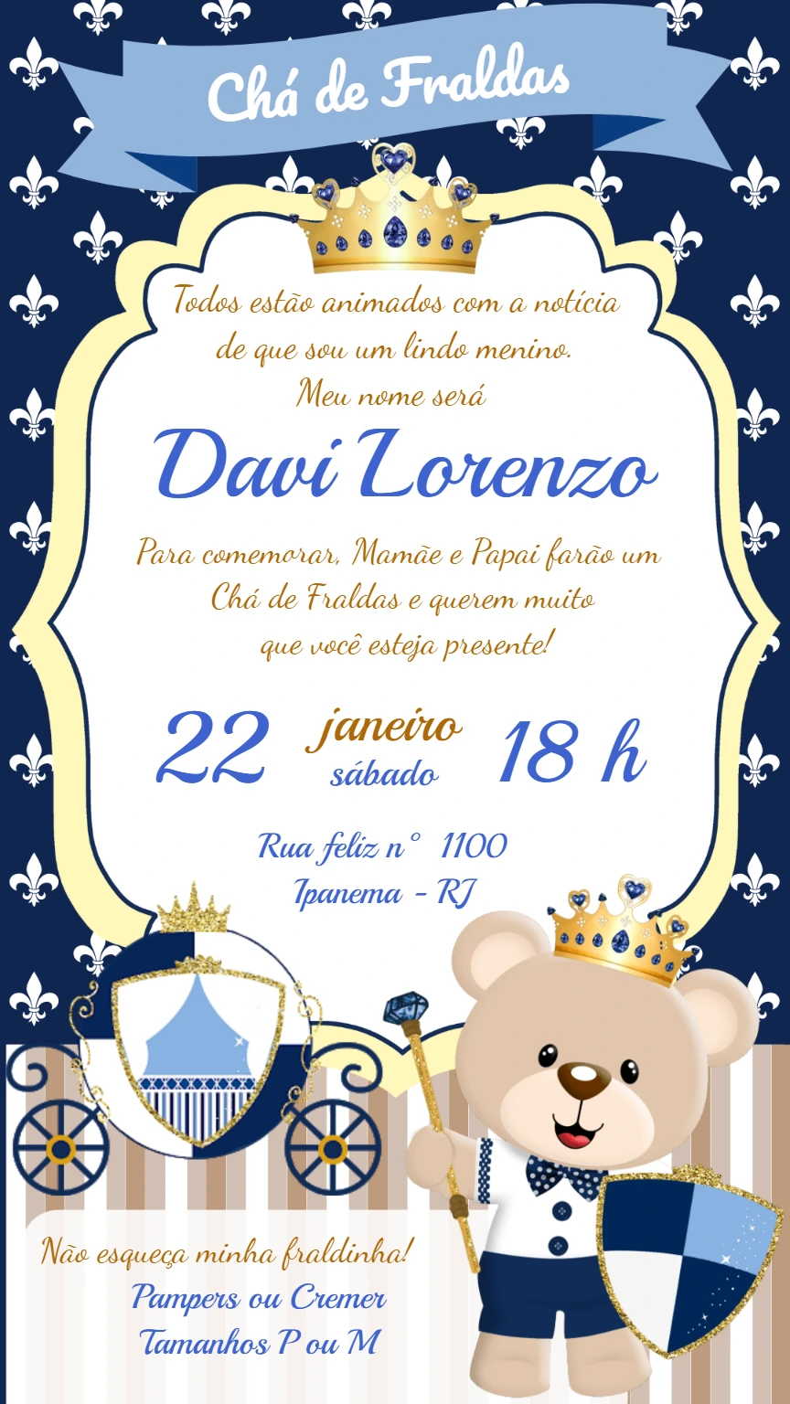 Convite Chá de Fraldas Ursinho Príncipe para Editar Online