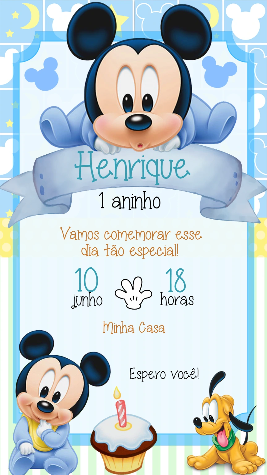 Convite Aniversário Mickey Baby para Editar Online