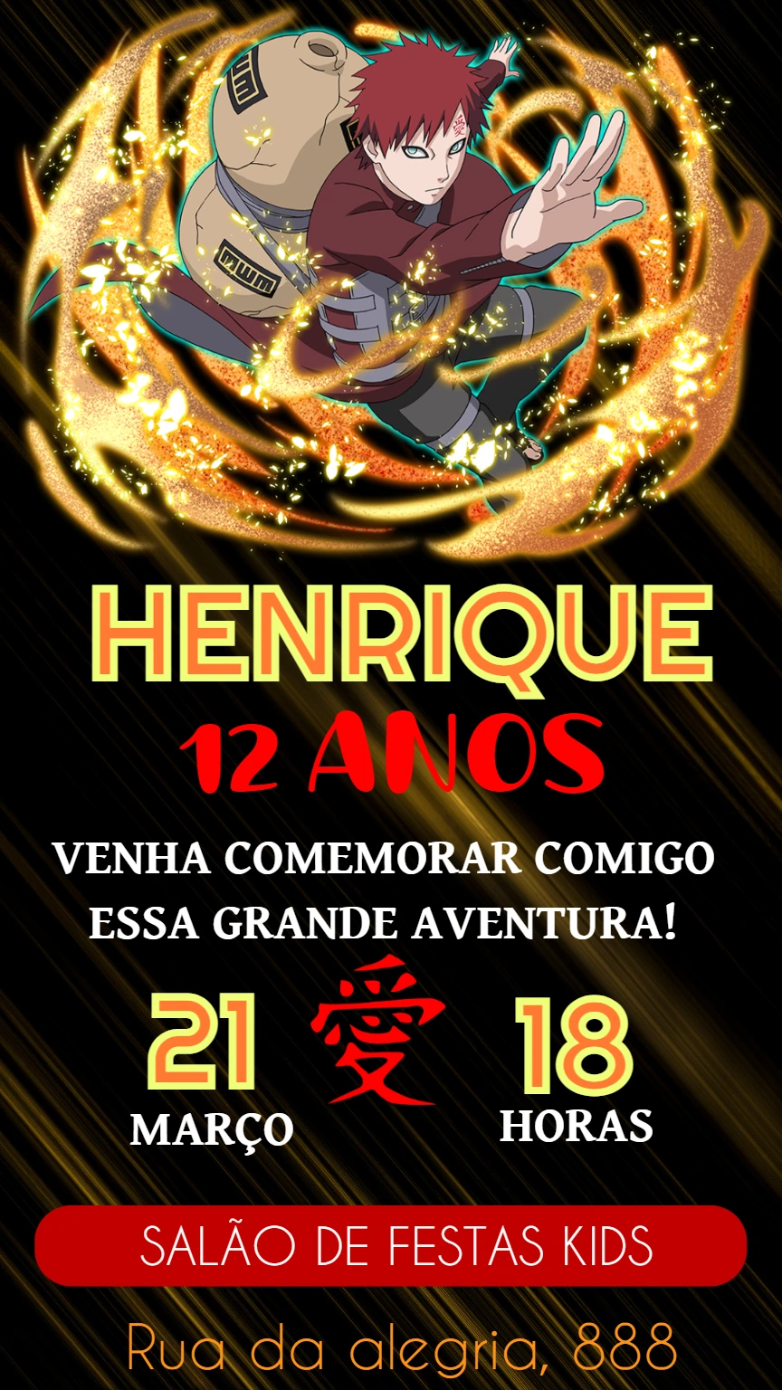 Convite de Aniversário Gaara Naruto para Editar Online
