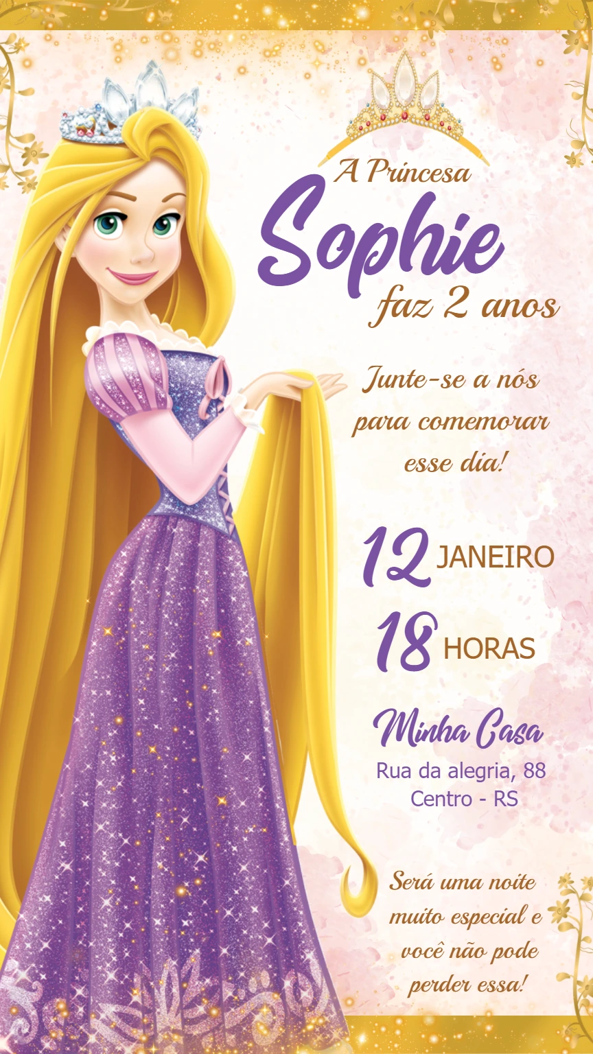 Convite Aniversário Rapunzel Enrolados para Editar Online