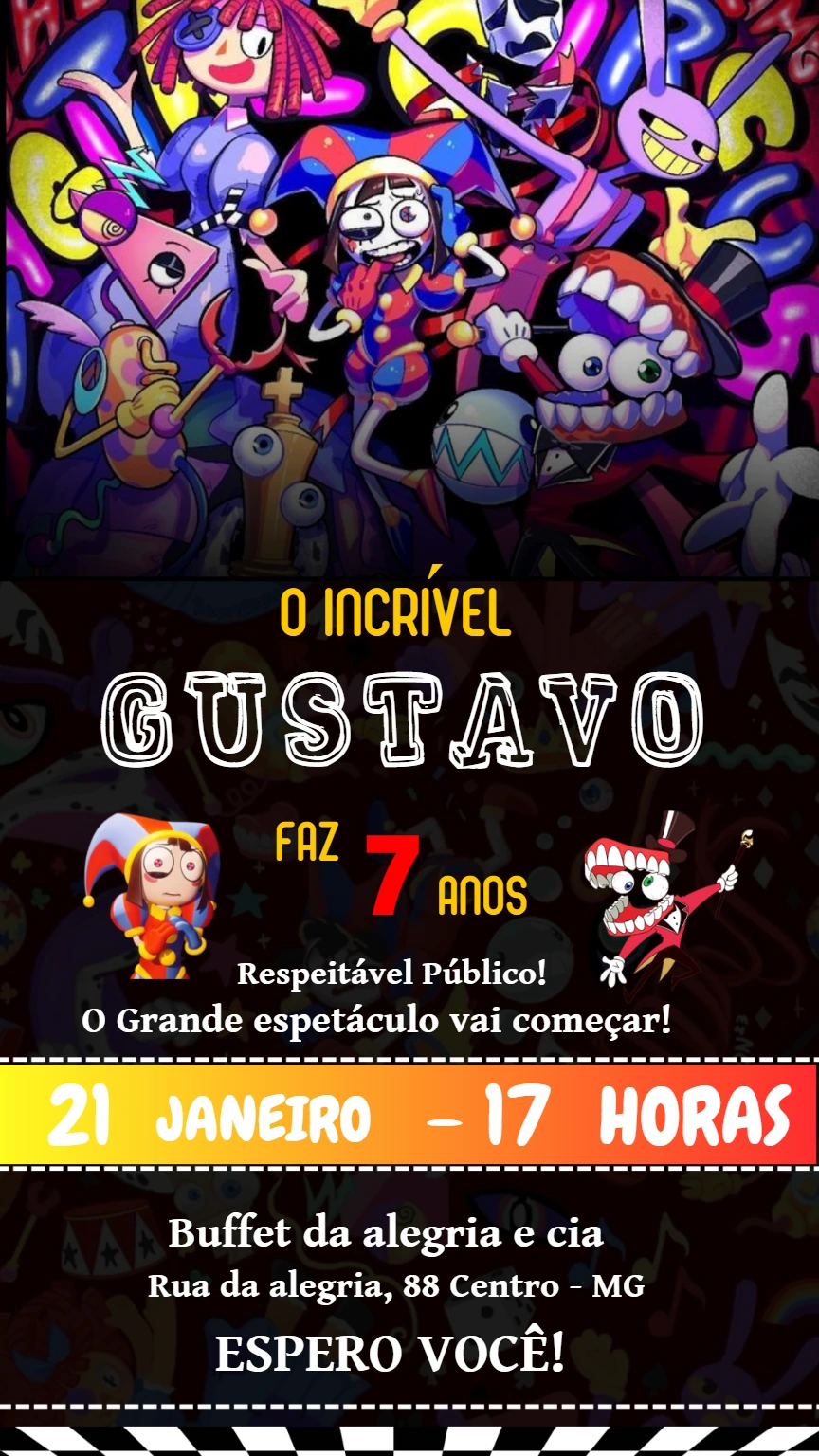 Convite Aniversário Circo Digital com Personagens para Editar