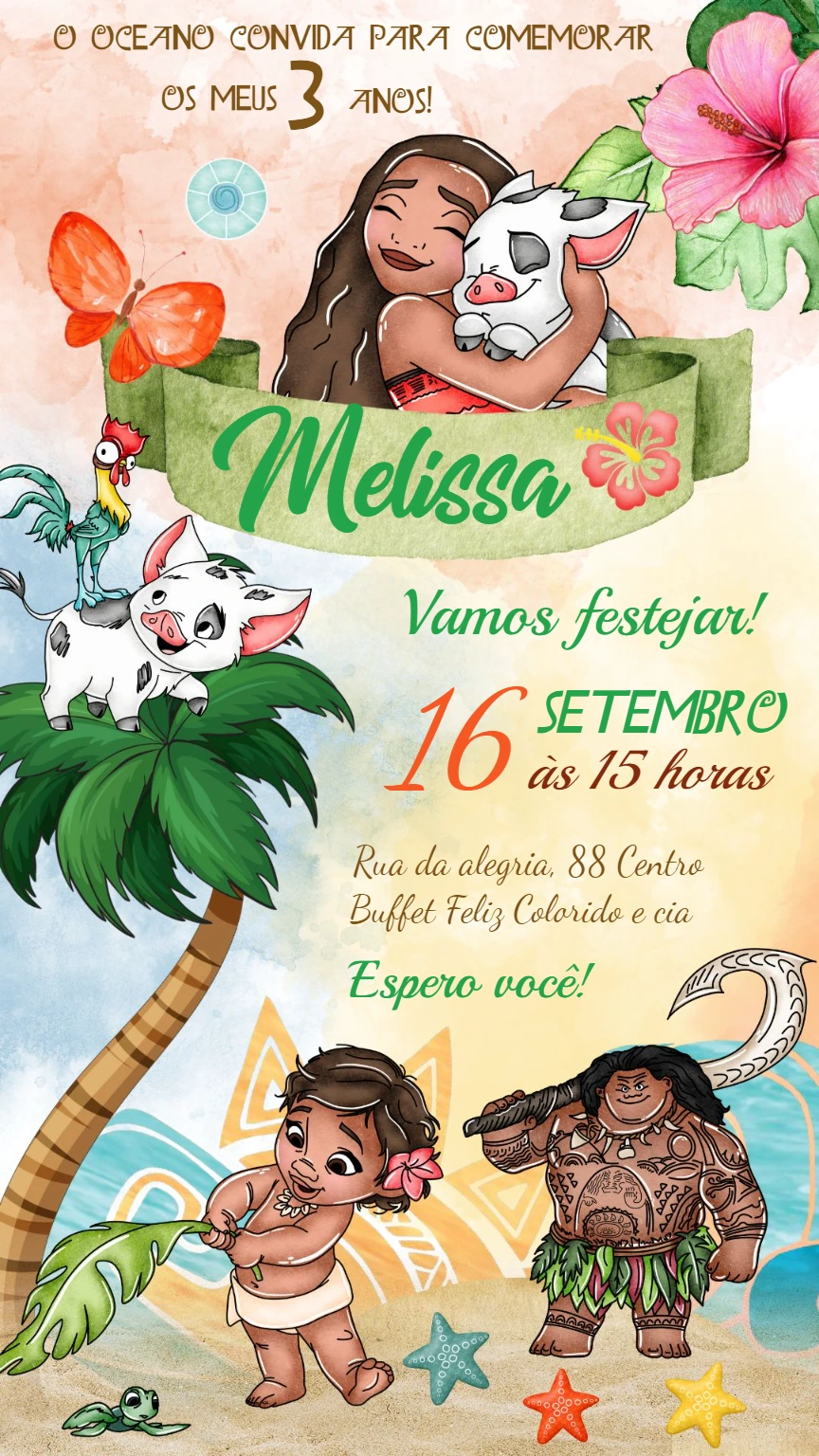 Convite Aniversário Moana Baby com Personagens para Editar