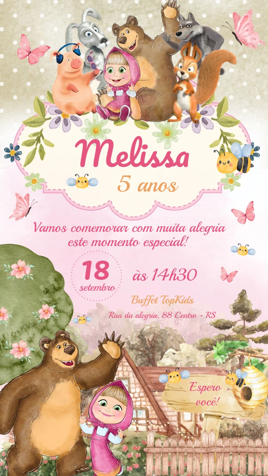 Convite Aniversário Masha e o Urso para Editar Online