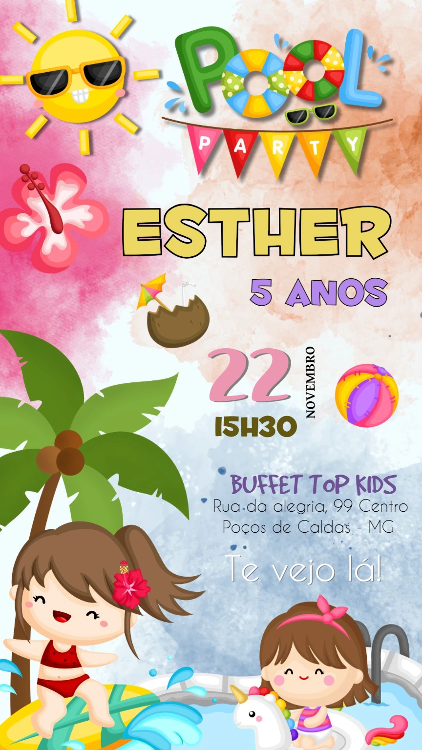 Convite de Aniversário Pool Party Infantil para Editar Online