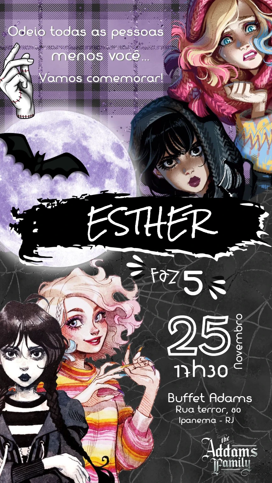 Convite de Aniversário Wandinha Addams e Enid para Editar