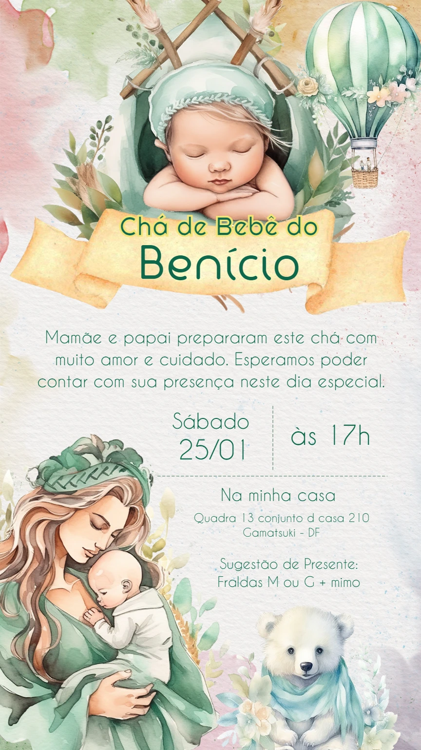 Convite Chá de Bebê Menino Aquarela Sonhador para Editar