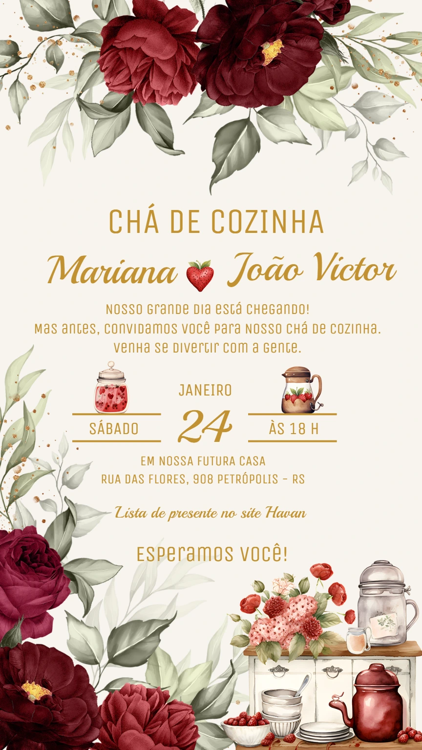 Convite Chá de Cozinha Floral Marsala para Editar Online