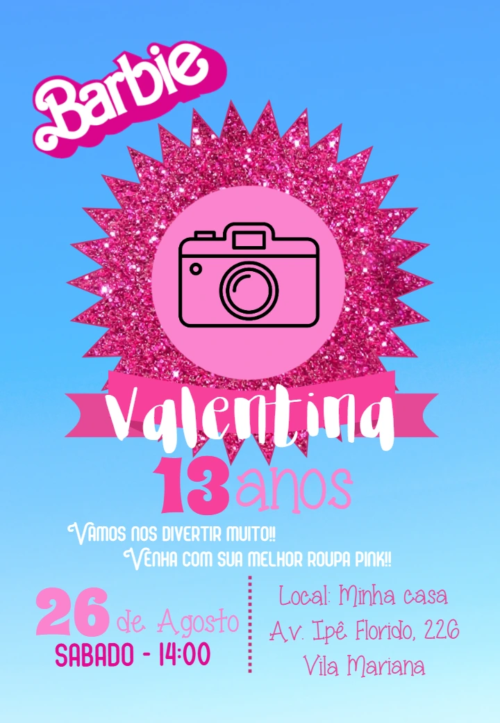 Convite de Aniversário Barbie Fotógrafa para Editar Online