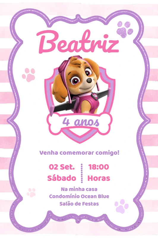 Convite Aniversário Patrulha Canina Rosa para Editar Online