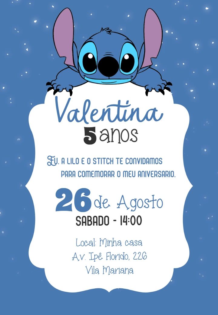 Convite de Aniversário Stitch para Editar Online