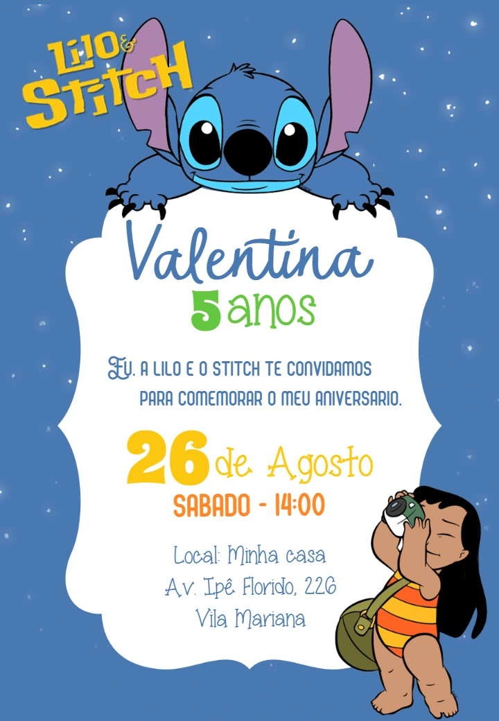 Convite de Aniversário Lilo e Stitch para Editar Online