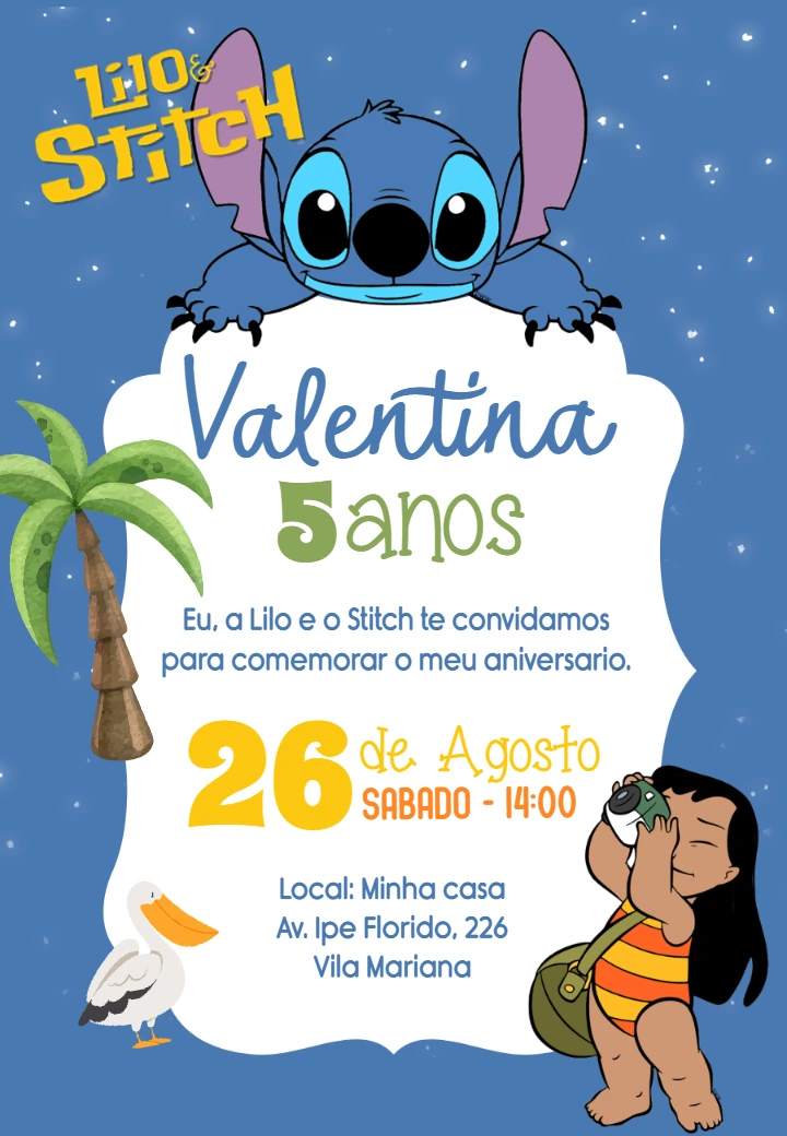 Convite de Aniversário Lilo e Stitch para Editar Online