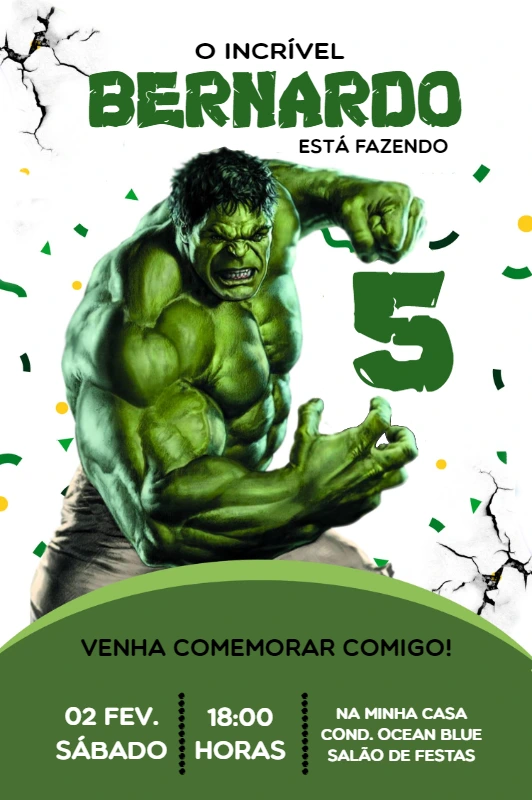 Convite de Aniversário Hulk para Editar e Enviar Online
