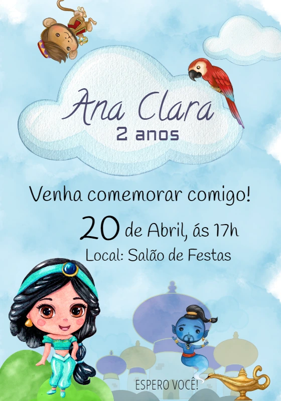 Convite de Aniversário Princesa Jasmine para Editar Online