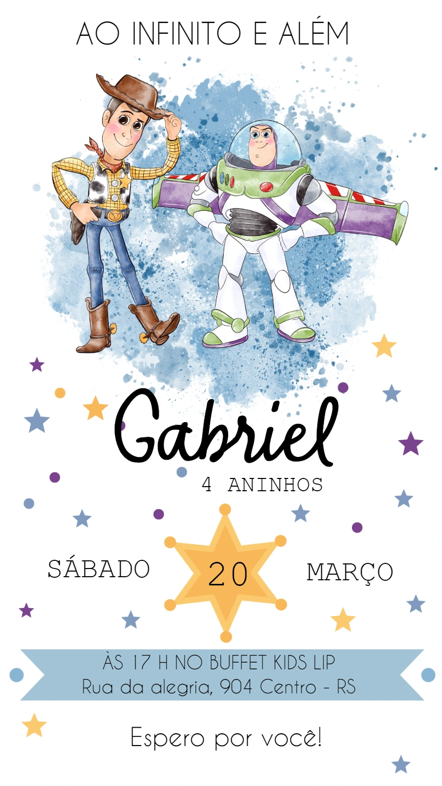 Convite Aniversário Toy Story Aquarela para Editar Online