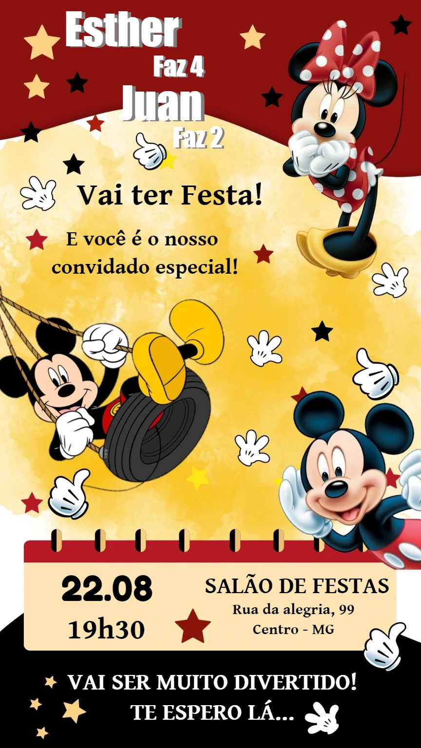 Convite de Aniversário Mickey e Minnie para Editar Online