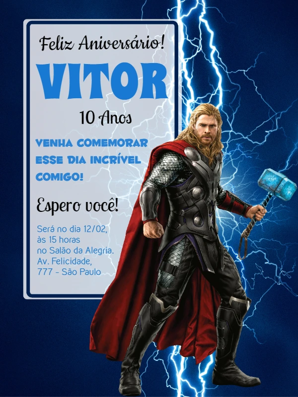 Convite de Aniversário Thor para Editar e Imprimir Online