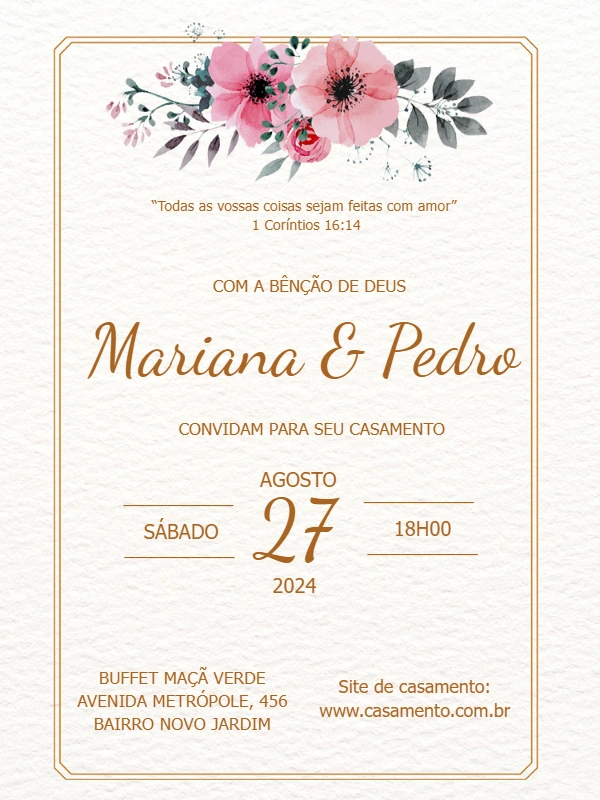 Convite de Casamento Floral Aquarela para Editar Online