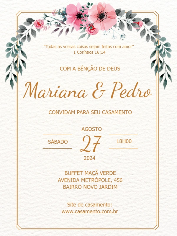 Convite de Casamento Floral Rosa Delicado para Editar Online