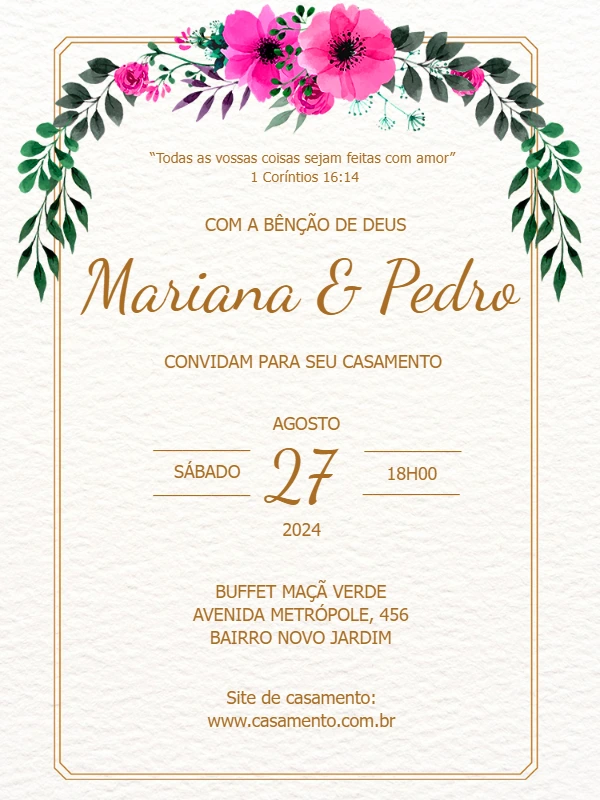 Convite de Casamento Floral com Flores Rosa para Editar Online