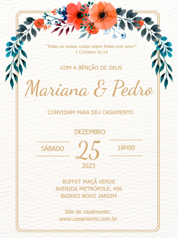 Convite de Casamento Floral Laranja para Editar Online
