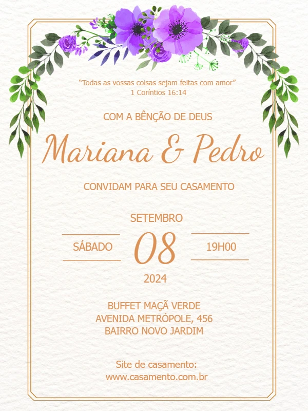 Convite de Casamento Floral Roxo para Editar Online