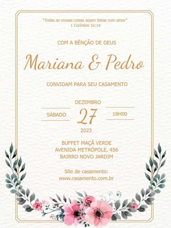 Convite de Casamento Floral Elegante para Editar Online