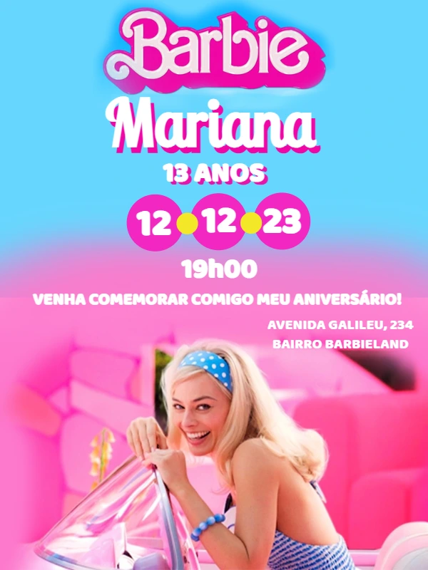 Convite de Aniversário Barbie Rosa para Editar Online
