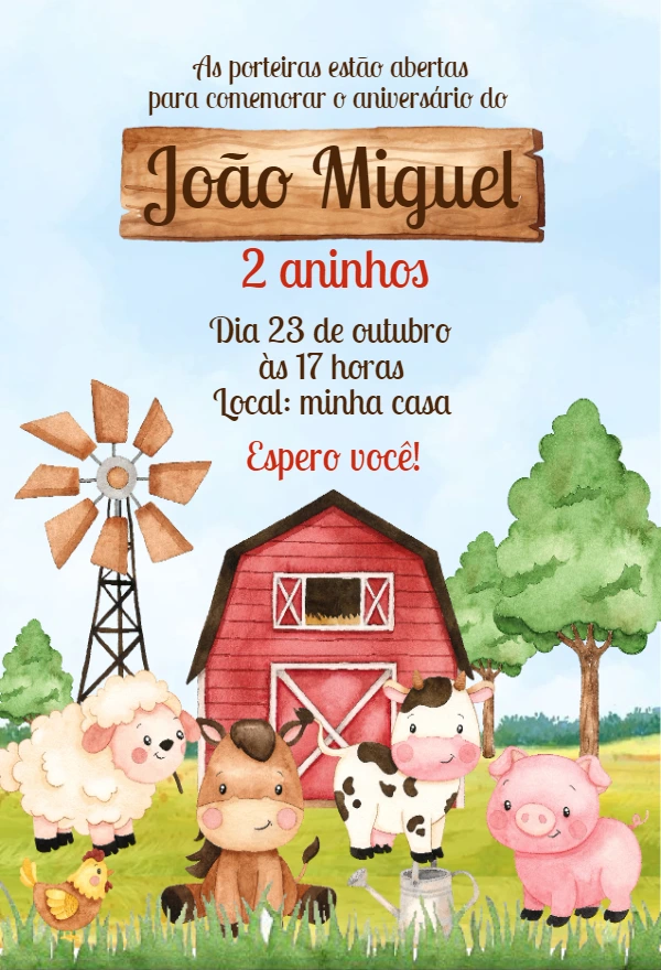 Convite Aniversário Fazendinha com Animais para Editar Online