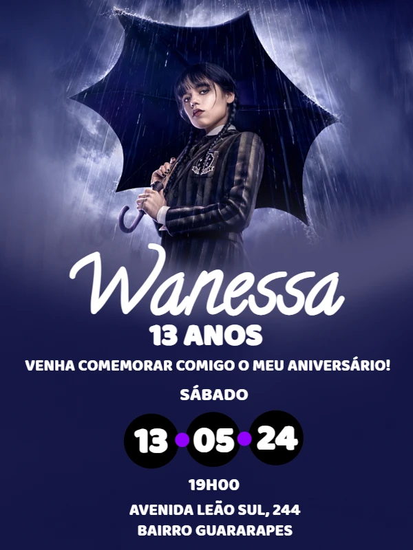 Convite de Aniversário Wandinha Addams para Editar Online