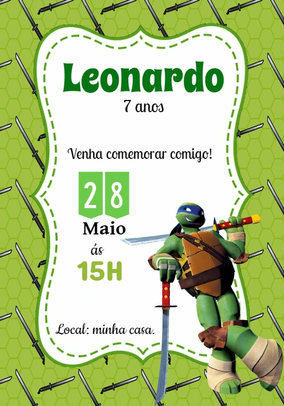 Convite de Aniversário Tartaruga Ninja Leonardo para Editar