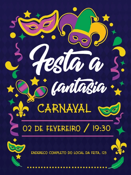 Convite de Carnaval com Máscaras e Fantasias para Editar Online
