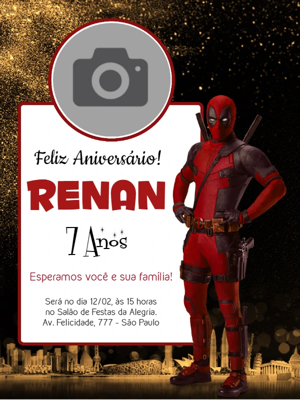 Convite de Aniversário Deadpool com Foto para Editar Online