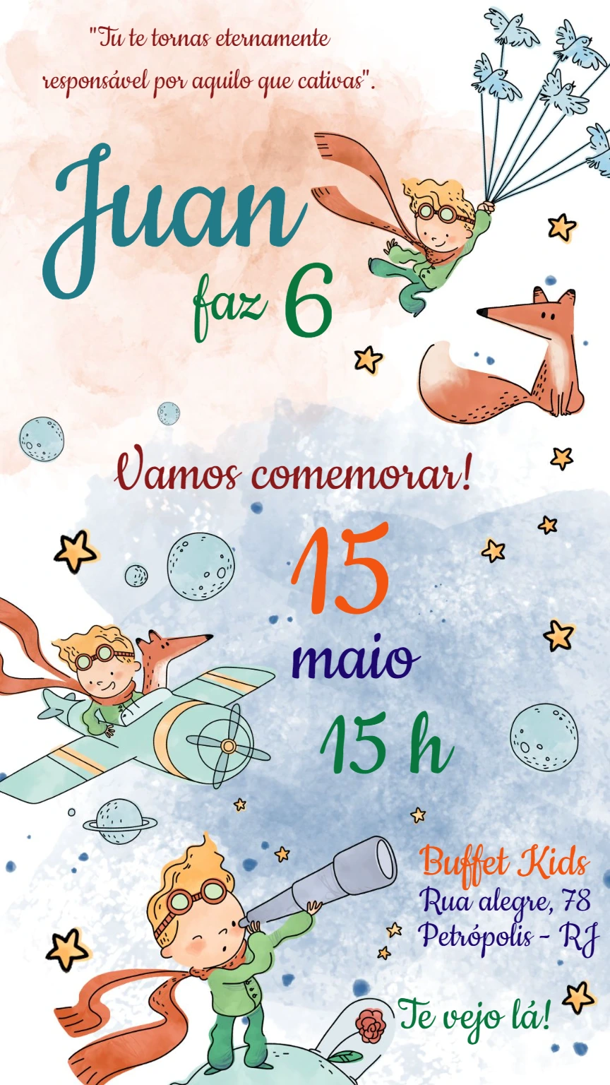 Convite de Aniversário Pequeno Príncipe para Editar Online