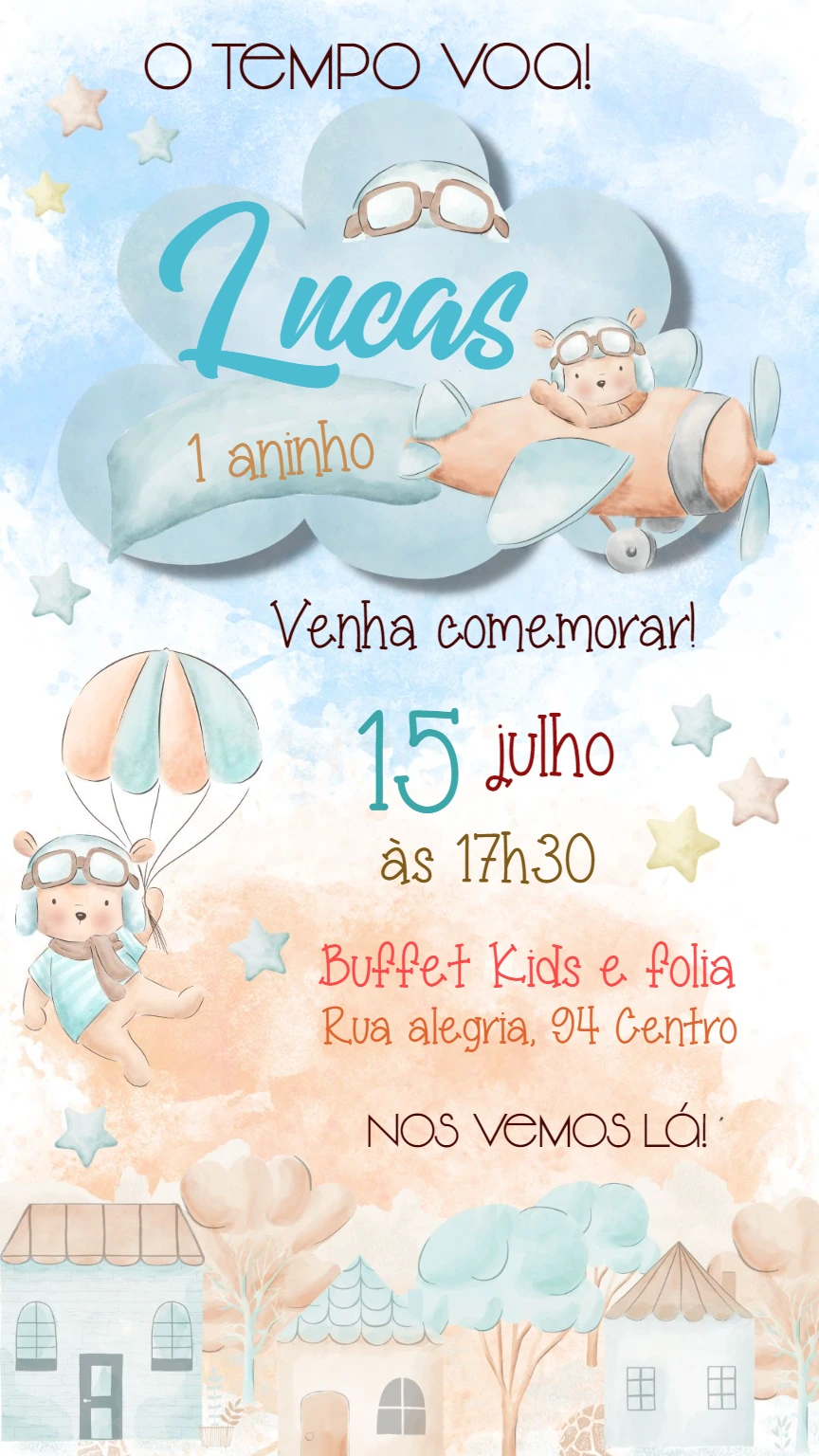 Convite Aniversário O Tempo Voa Ursinho Aviador para Editar