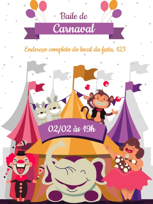 Convite de Carnaval Circo com Animais para Editar Online