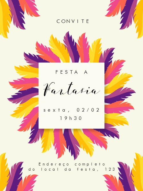 Convite de Carnaval com Penas Coloridas para Editar Online