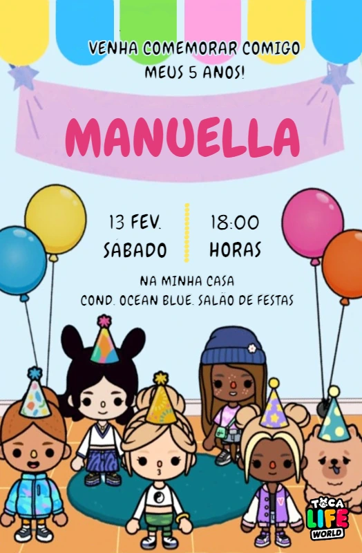 Convite Aniversário Toca Life World com Personagens para Editar